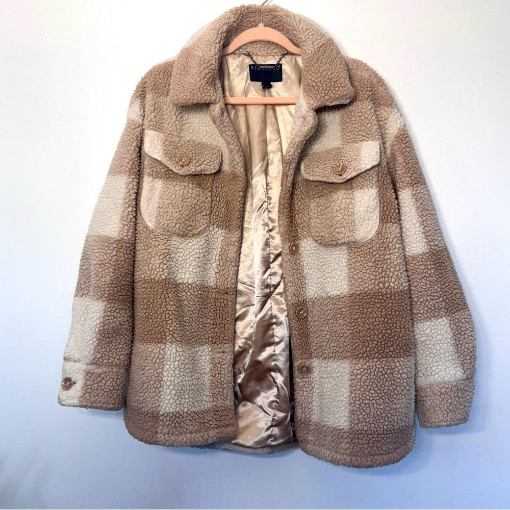 Bernardo Oversized Fall Essential Plaid Tan/Cream Teddy Jacket Shacket Sz M